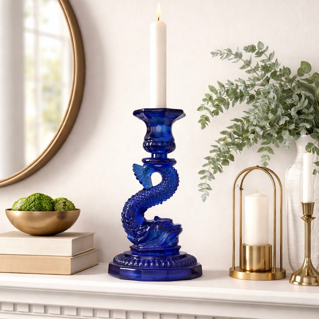 Cobalt Blue Pressed Glass Dolphin Candlestick – L.E. Smith, c