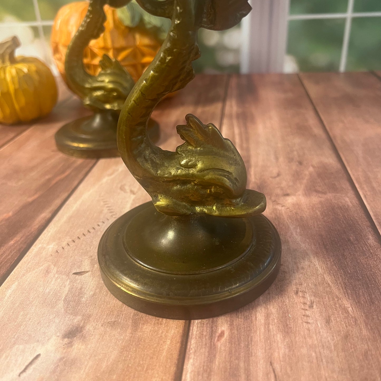 Vintage Brass Dolphin Candlesticks - Set of Two