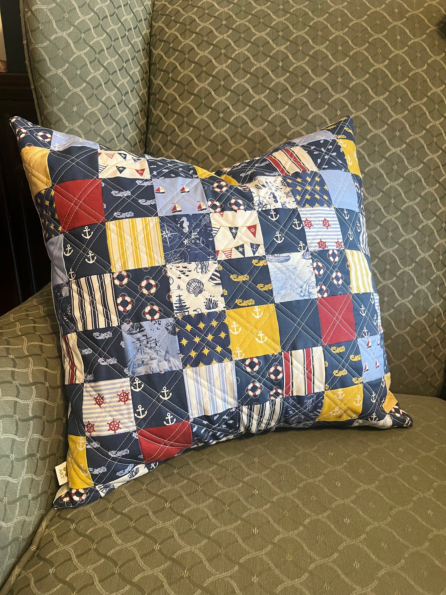 Quilted Throw Pillow - Vintage Nautical Patchwork (1)
