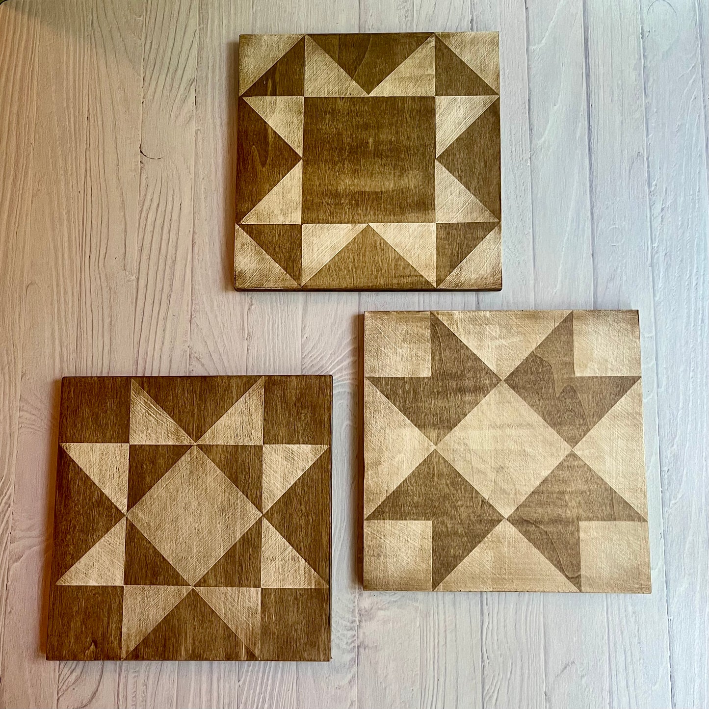 Set of 3 Mini Barn Quilts – Hand Painted Wood Wall Art in Natural Neutrals
