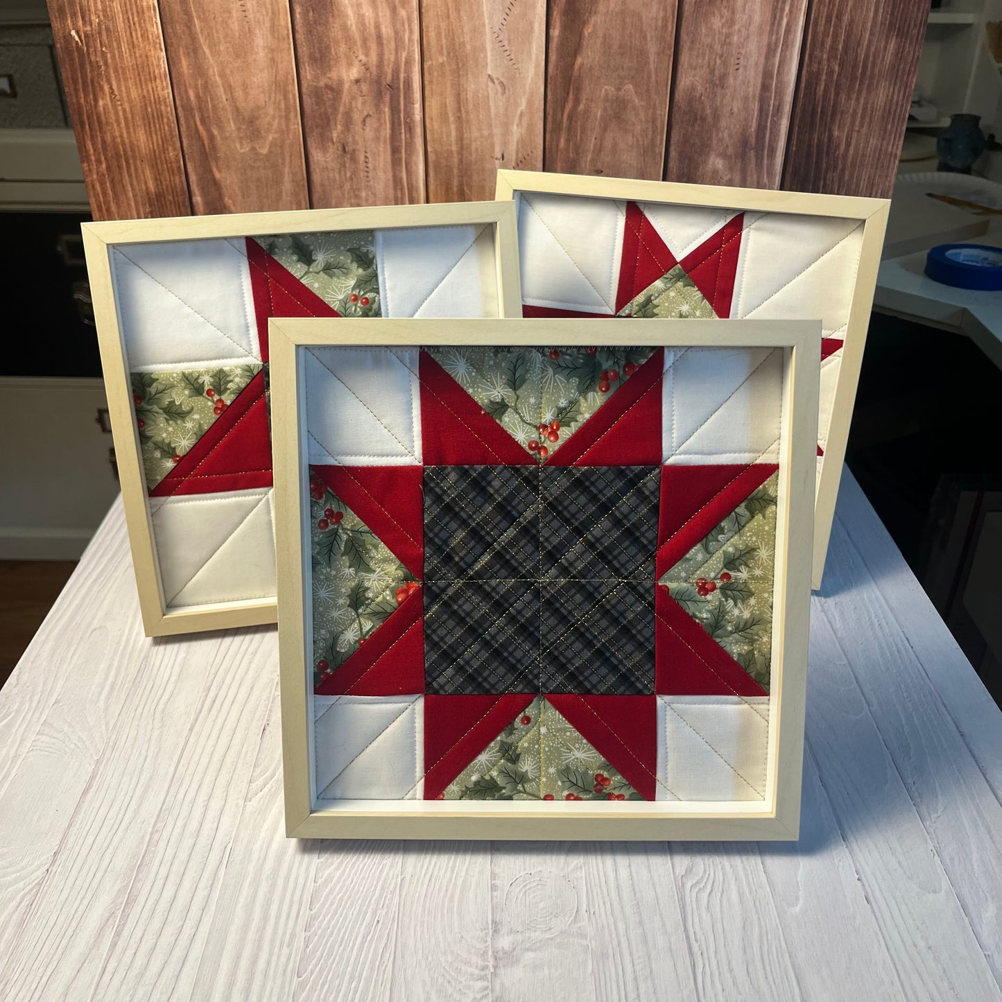 Framed Holiday Quilt Blocks - Classic Christmas Set of Three