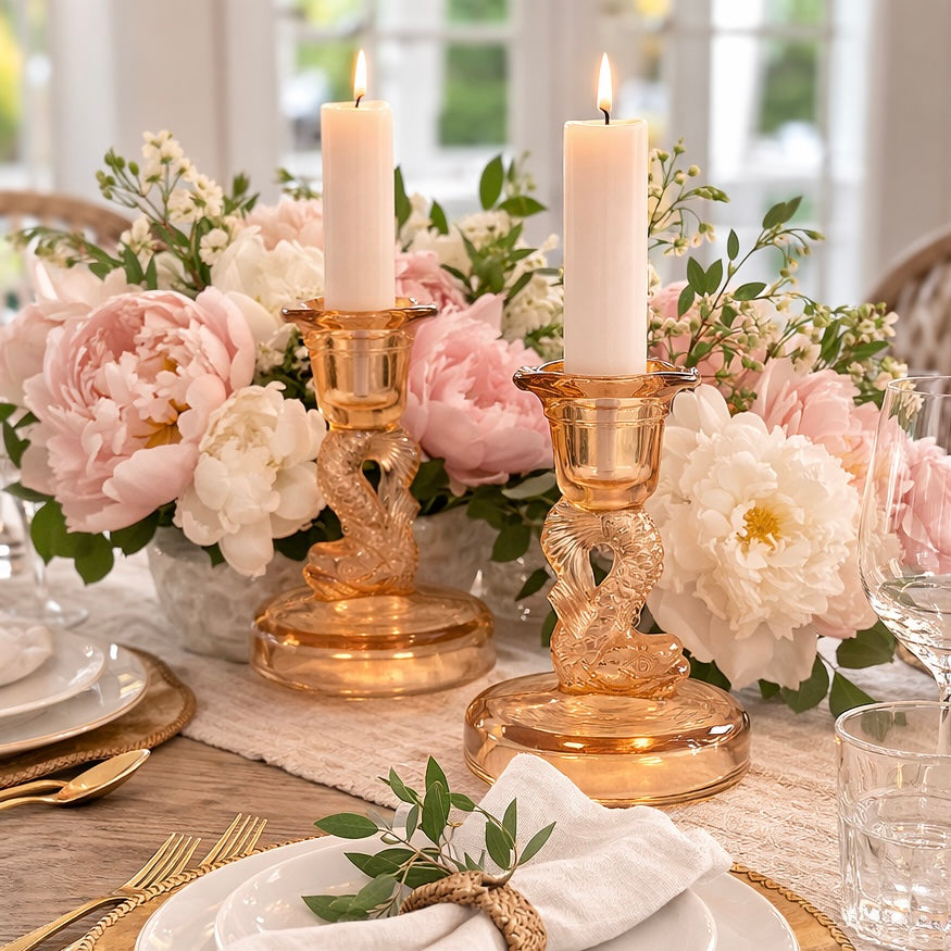Pink Dolphin Depression Glass Candlesticks – Set of Two