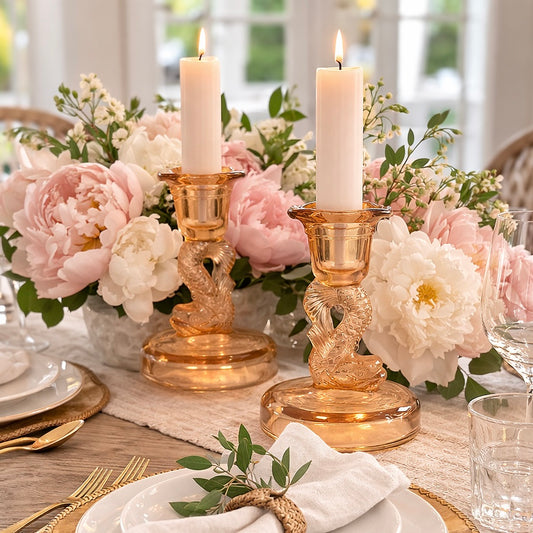 Pink Dolphin Depression Glass Candlesticks – Set of Two