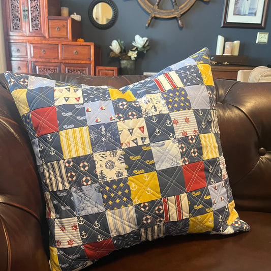 Quilted Throw Pillow - Vintage Nautical Patchwork (1)
