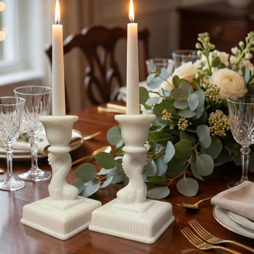 Vintage Milk Glass Dolphin Candlestick Pair – Imperial Glass Co., c. 1950s