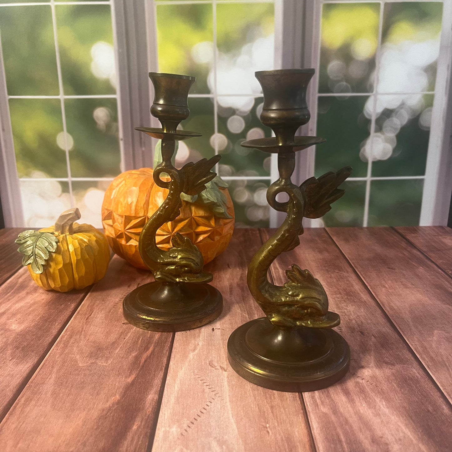 Vintage Brass Dolphin Candlesticks - Set of Two