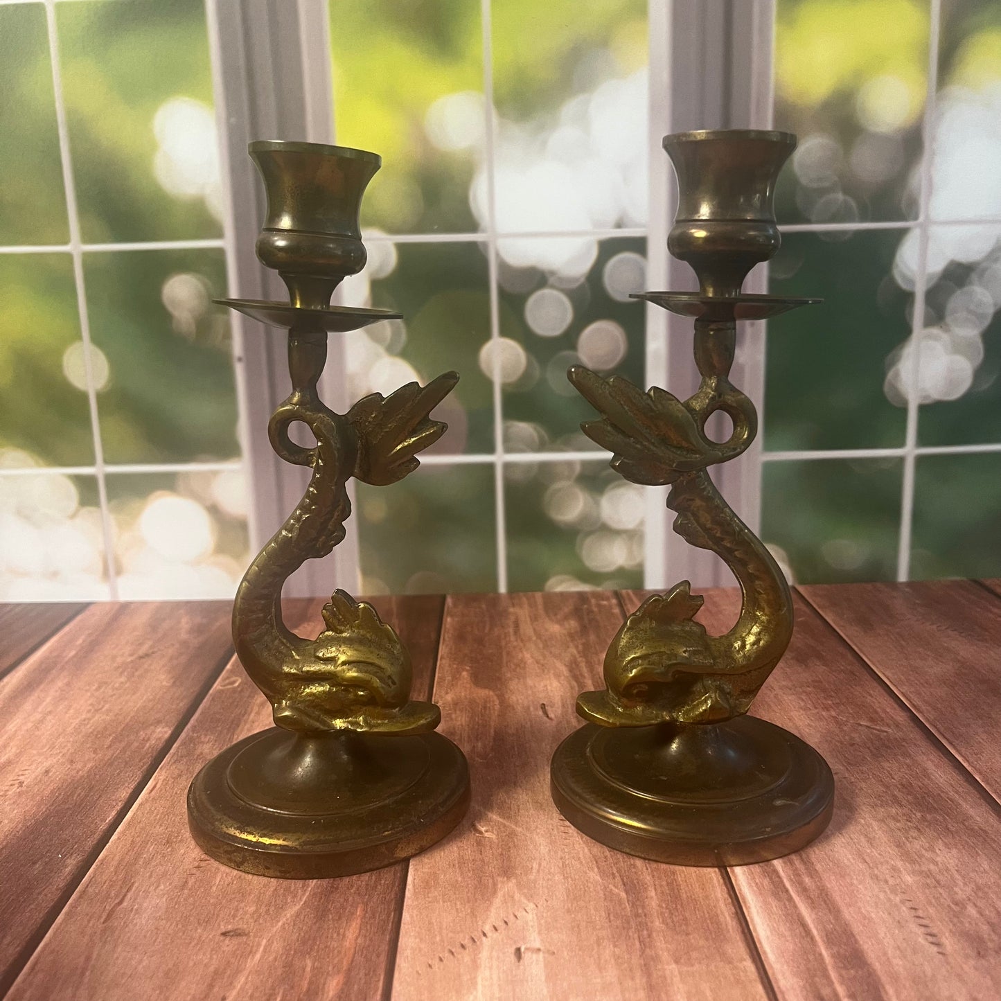 Vintage Brass Dolphin Candlesticks - Set of Two