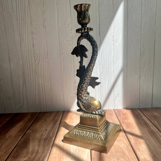 Vintage Brass Dolphin Candlestick – 12" Tall
