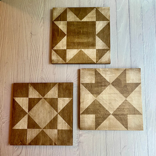 Set of 3 Mini Barn Quilts – Hand Painted Wood Wall Art in Natural Neutrals
