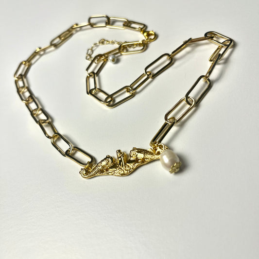 Gold Dolphin Sweetheart Necklace with Pearl