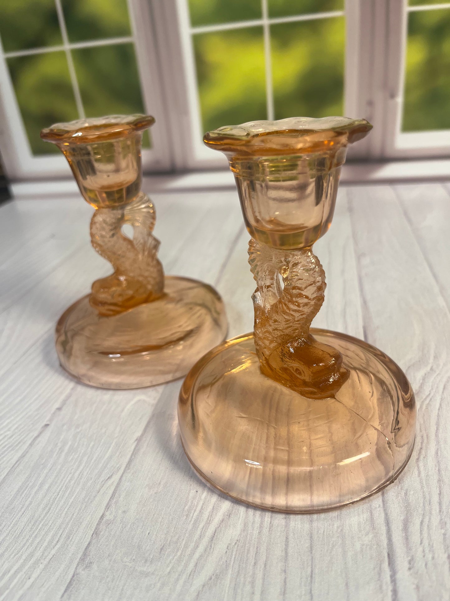 Pink Dolphin Depression Glass Candlesticks – Set of Two
