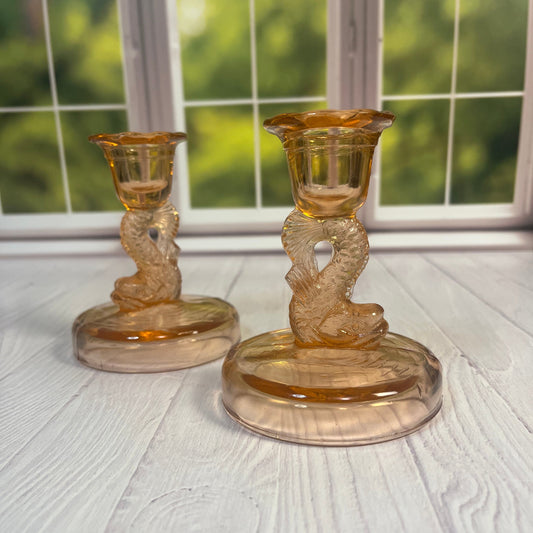 Pink Dolphin Depression Glass Candlesticks – Set of Two