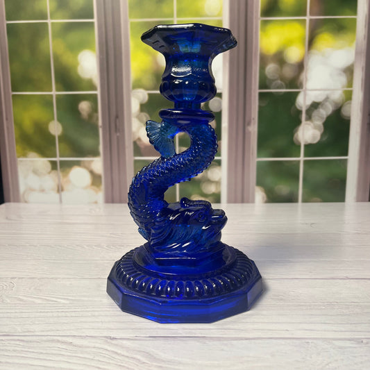 Cobalt Blue Pressed Glass Dolphin Candlestick – L.E. Smith, c. 1930s–1950s