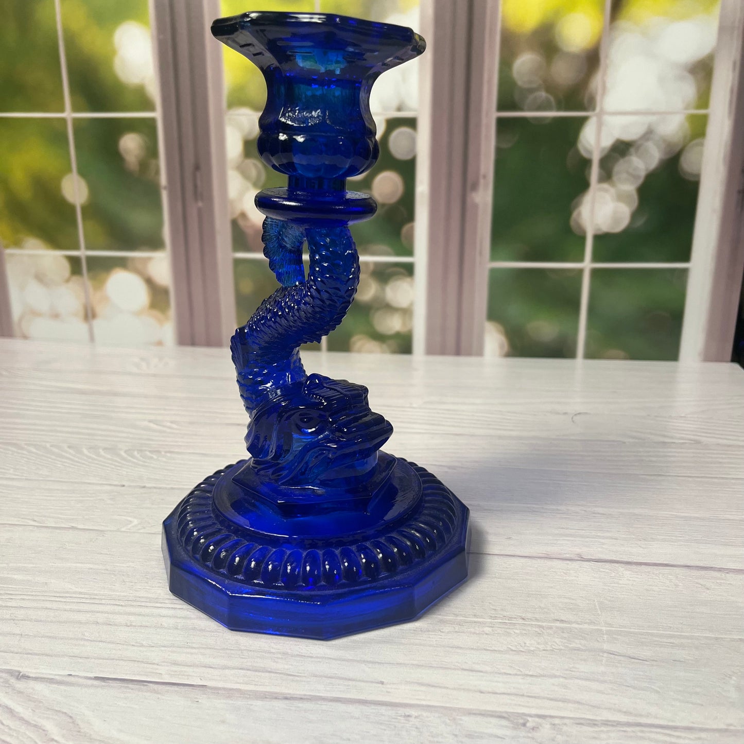 Cobalt Blue Pressed Glass Dolphin Candlestick – L.E. Smith, c. 1930s–1950s