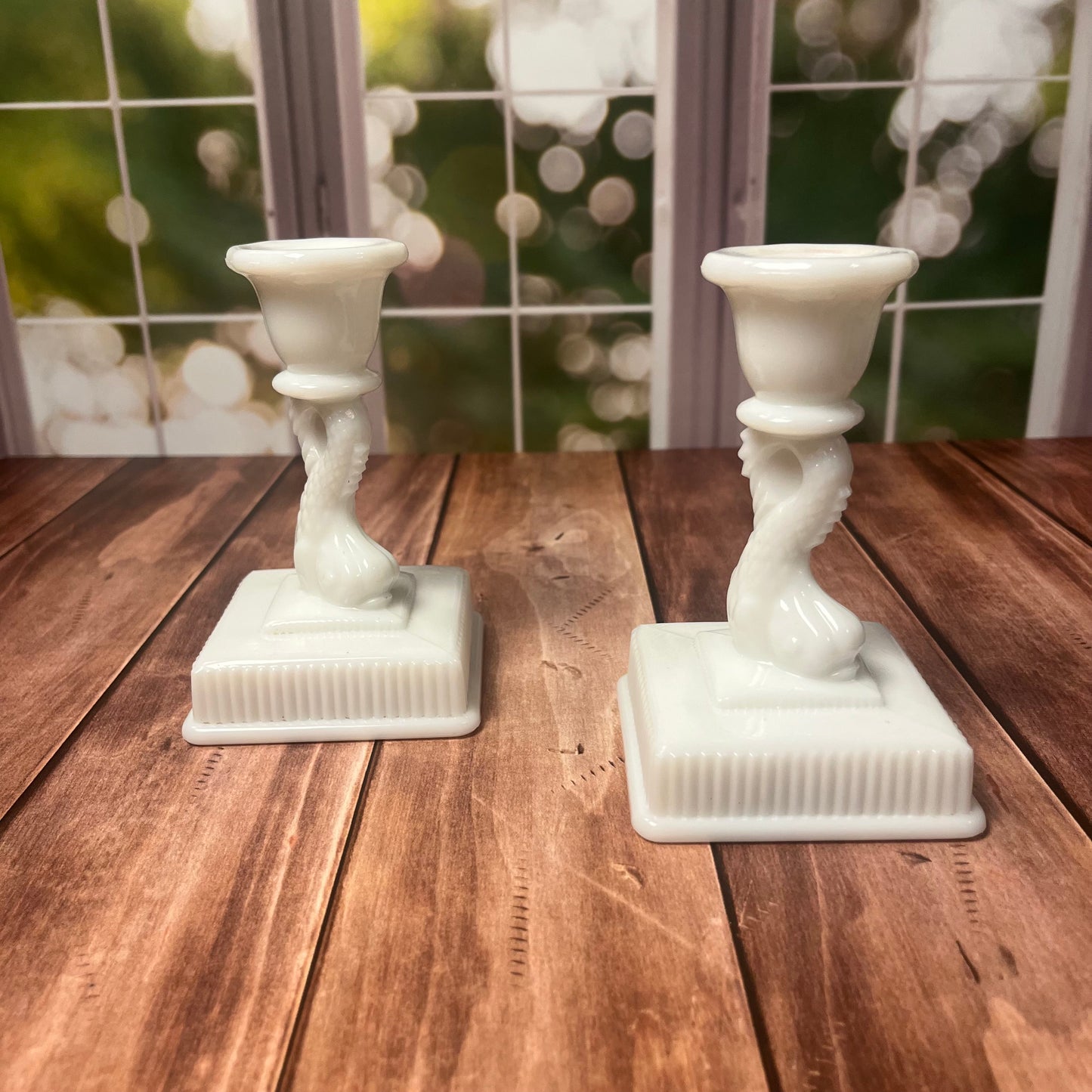 Vintage Milk Glass Dolphin Candlestick Pair – Imperial Glass Co., c. 1950s