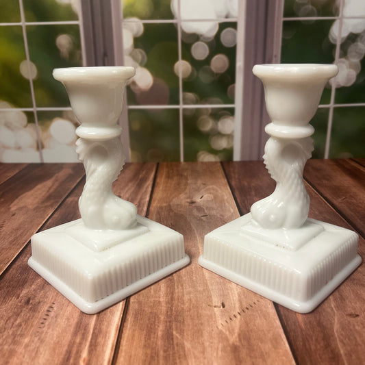 Vintage Milk Glass Dolphin Candlestick Pair – Imperial Glass Co., c. 1950s