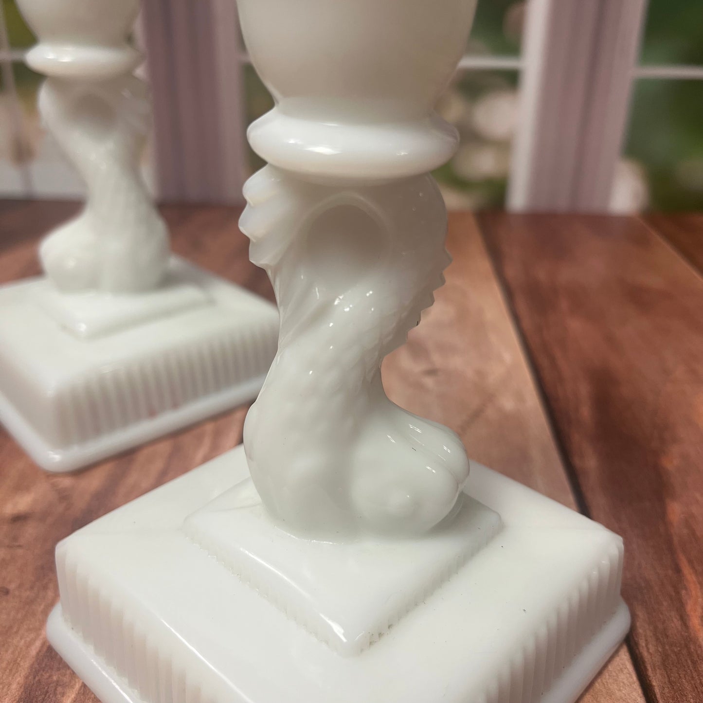 Vintage Milk Glass Dolphin Candlestick Pair – Imperial Glass Co., c. 1950s