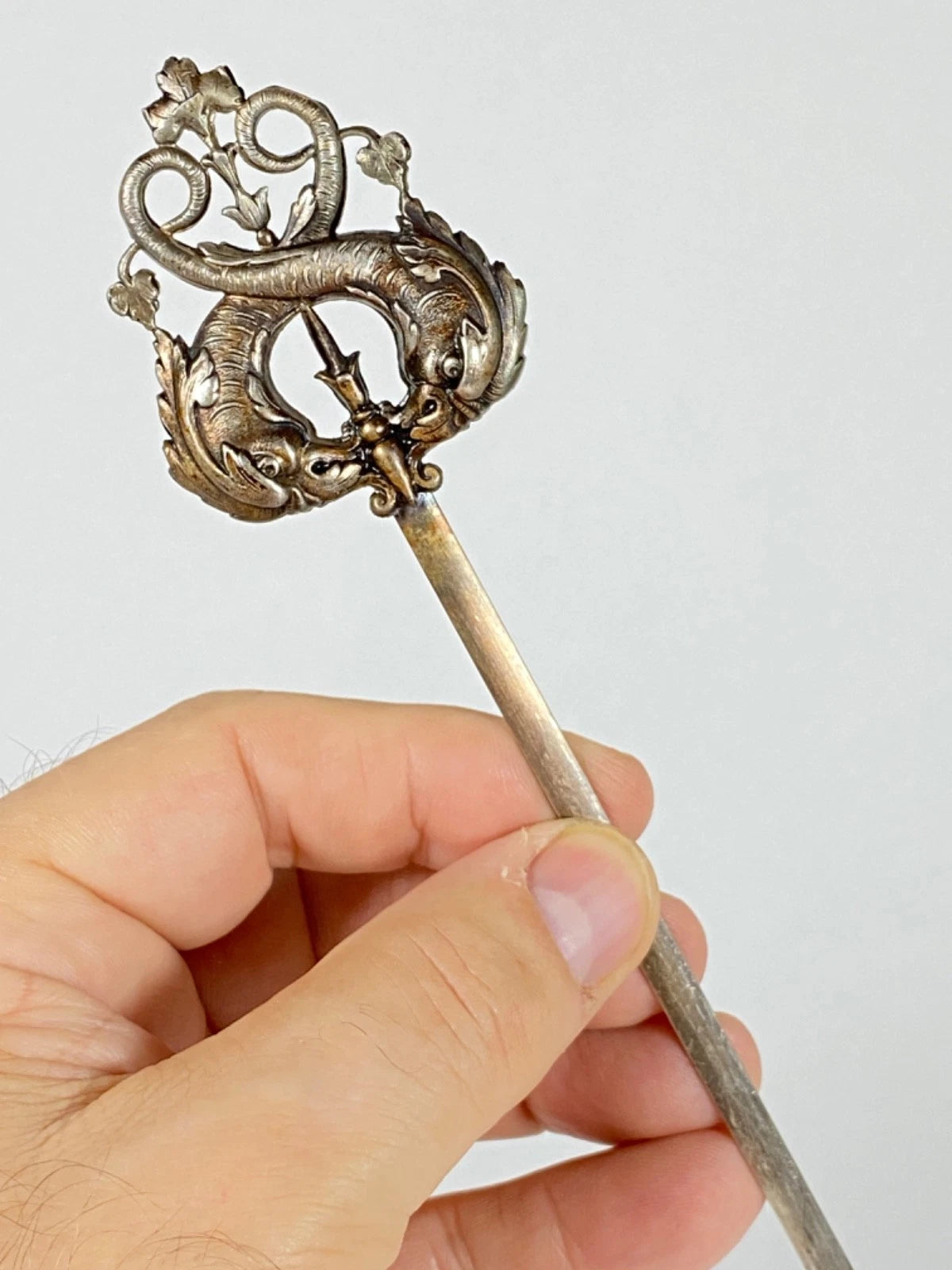 Antique French Hatelet Skewer with Dolphin Motif (c. 1900)