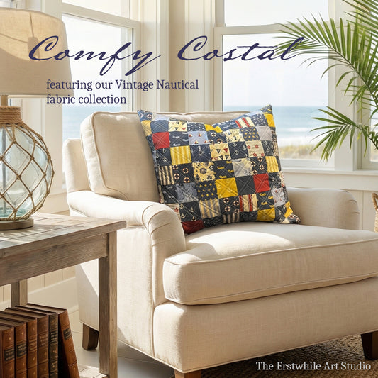 Quilted Throw Pillow - Vintage Nautical Patchwork (1)